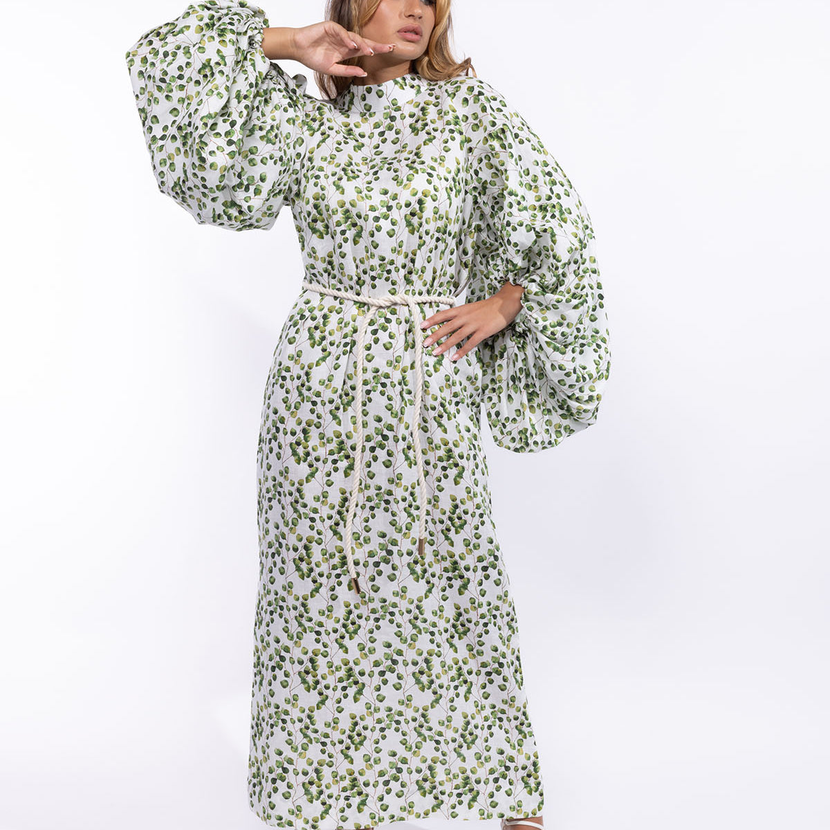 Mahaba Balloon-Sleeves Maxi Dress in Linen