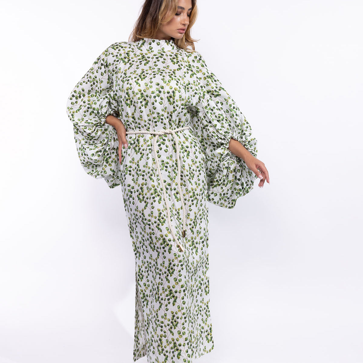 Mahaba Balloon-Sleeves Maxi Dress in Linen - Olive Green Origins Studios Mahaba Balloon-Sleeves Maxi Dress in Linen - Olive Green Origins Studios