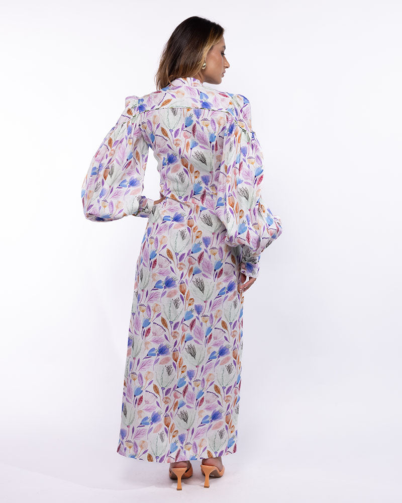 Aria Maxi Puffed-Sleeves Dress in Linen - Unique Multicolor Prints purple
