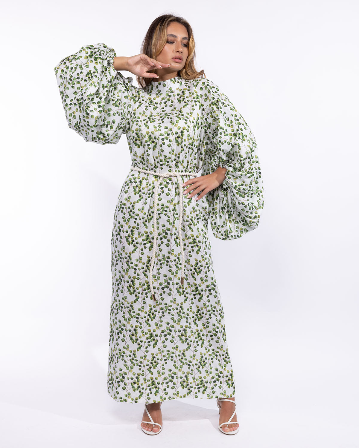 Mahaba Balloon-Sleeves Maxi Dress in Linen - Olive Green Origins Studios Mahaba Balloon-Sleeves Maxi Dress in Linen - Olive Green Origins Studios