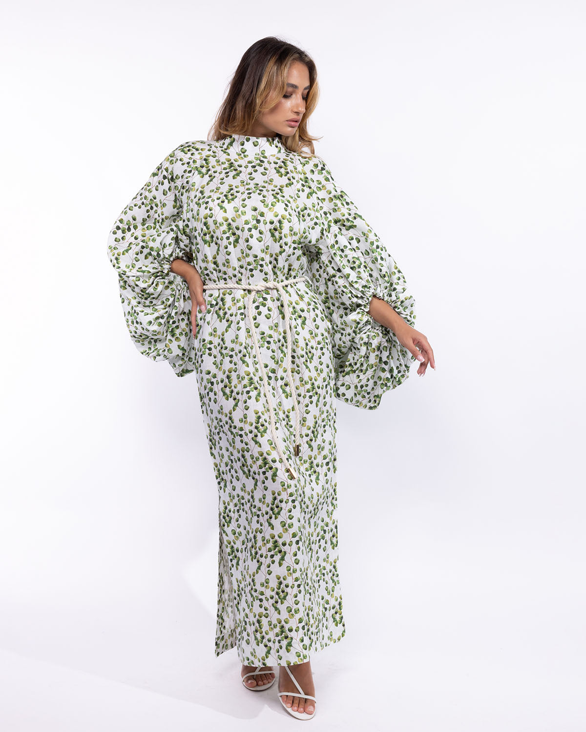 Mahaba Balloon-Sleeves Maxi Dress in Linen - Olive Green Origins Studios Mahaba Balloon-Sleeves Maxi Dress in Linen - Olive Green Origins Studios