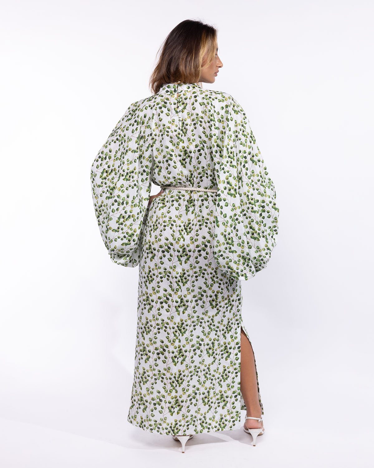 Mahaba Balloon-Sleeves Maxi Dress in Linen - Olive Green