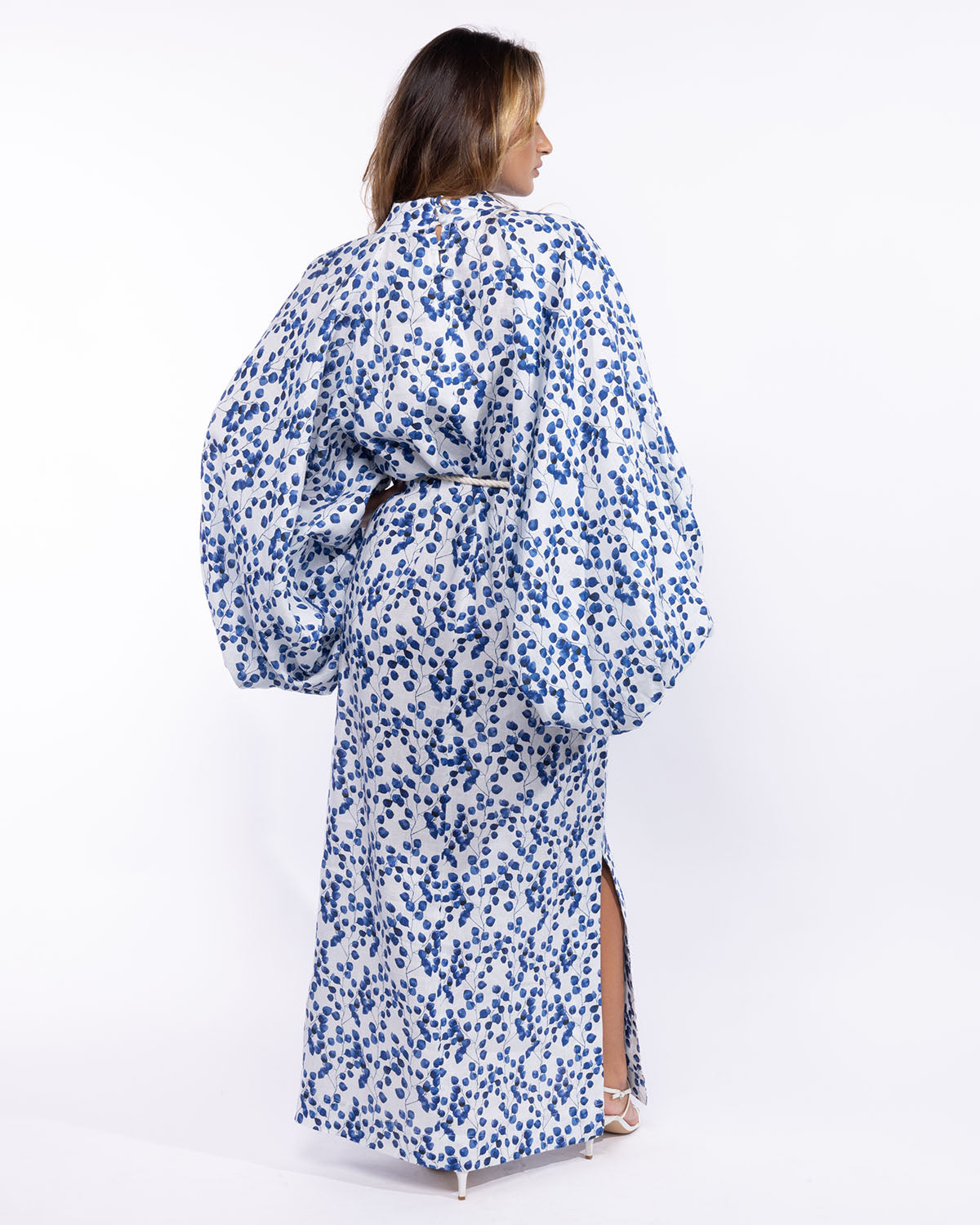 Balloon Sleeves Maxi Dress in Linen - Electric Blue