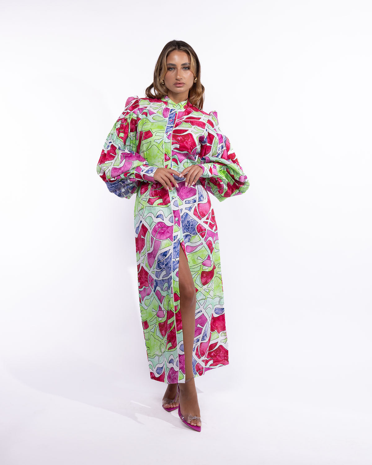 Aria Maxi Puffed-Sleeves Dress in Linen - Abstract Multicolor Prints