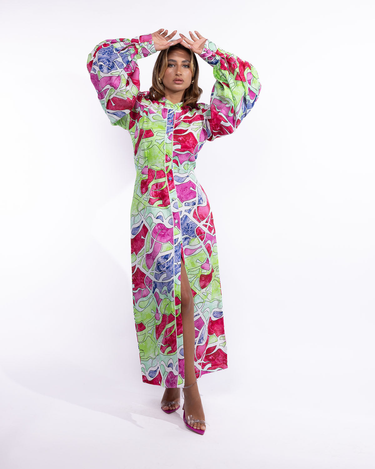 Aria Maxi Puffed-Sleeves Dress in Linen - Abstract Multicolor Prints Origins Studios Aria Maxi Puffed-Sleeves Dress in Linen - Abstract Multicolor Prints Origins Studios