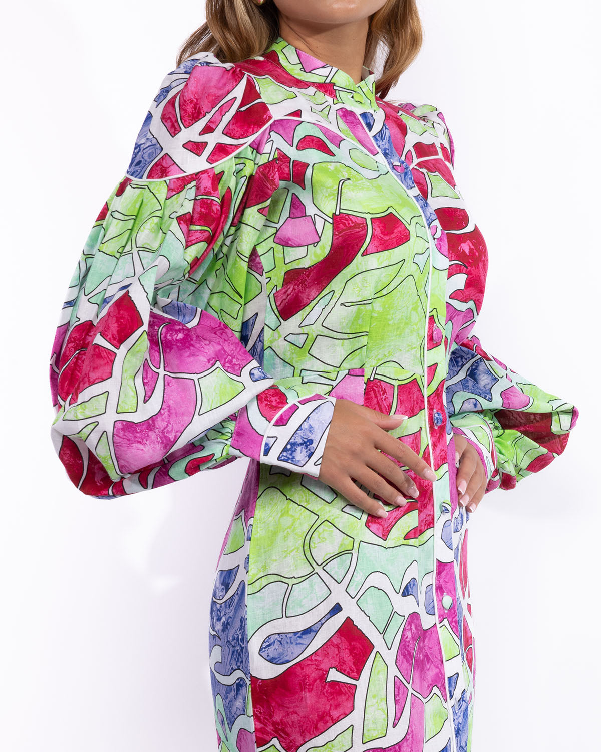 Aria Maxi Puffed-Sleeves Dress in Linen - Abstract Multicolor Prints