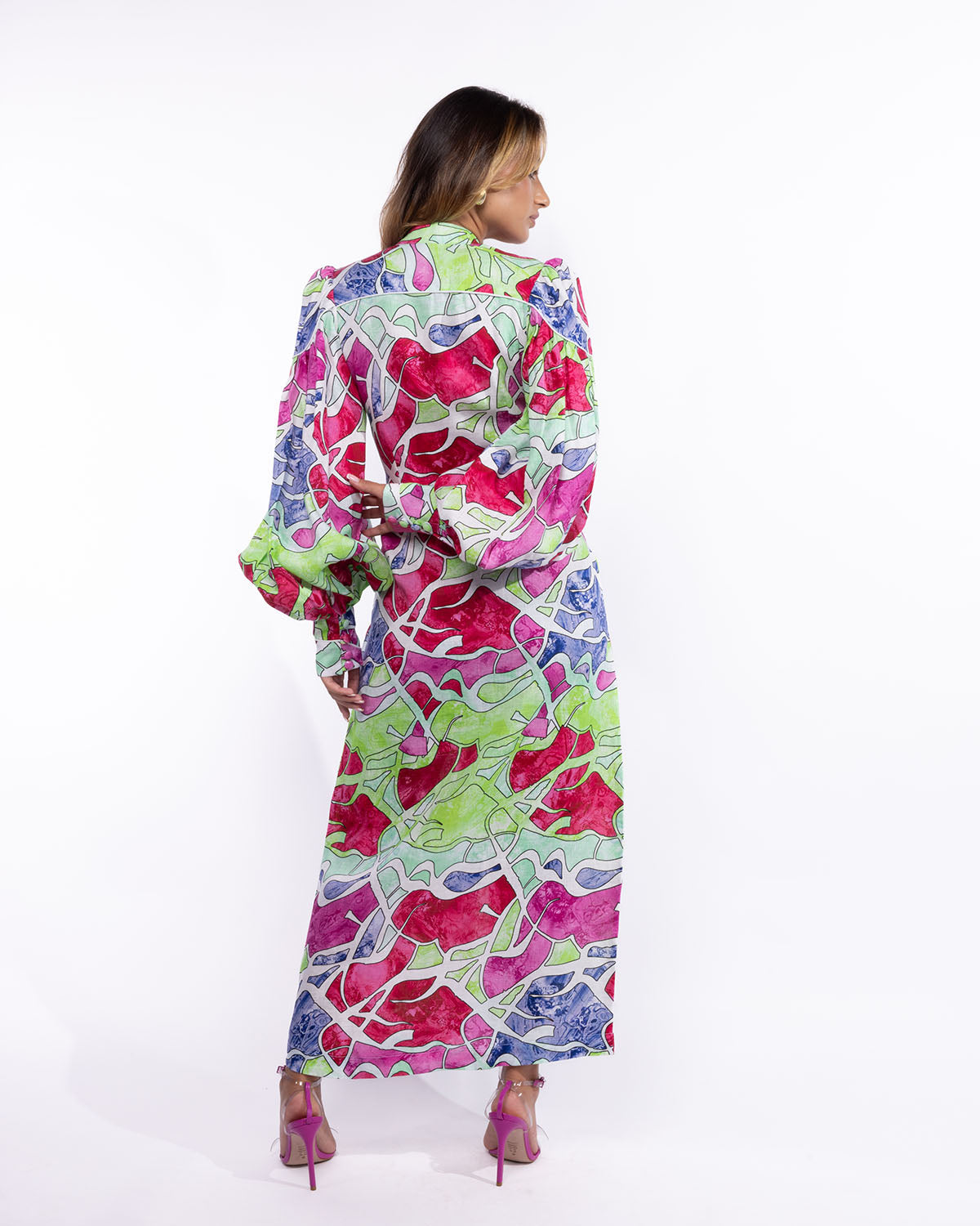 Aria Maxi Puffed-Sleeves Dress in Linen - Abstract Multicolor Prints