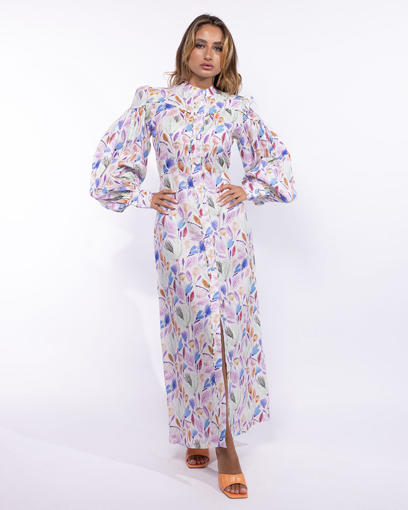Aria Maxi Puffed-Sleeves Dress in Linen - Unique Multicolor Prints purple