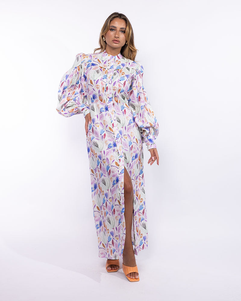 Aria Maxi Puffed-Sleeves Dress in Linen - Unique Multicolor Prints purple