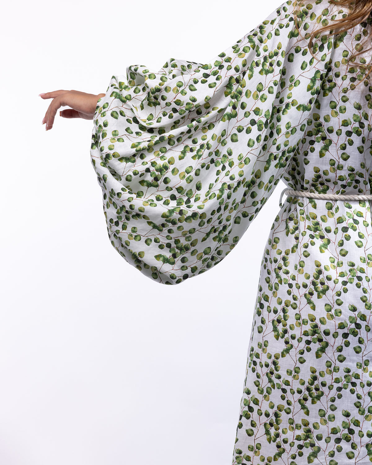 Mahaba Balloon-Sleeves Maxi Dress in Linen - Olive Green