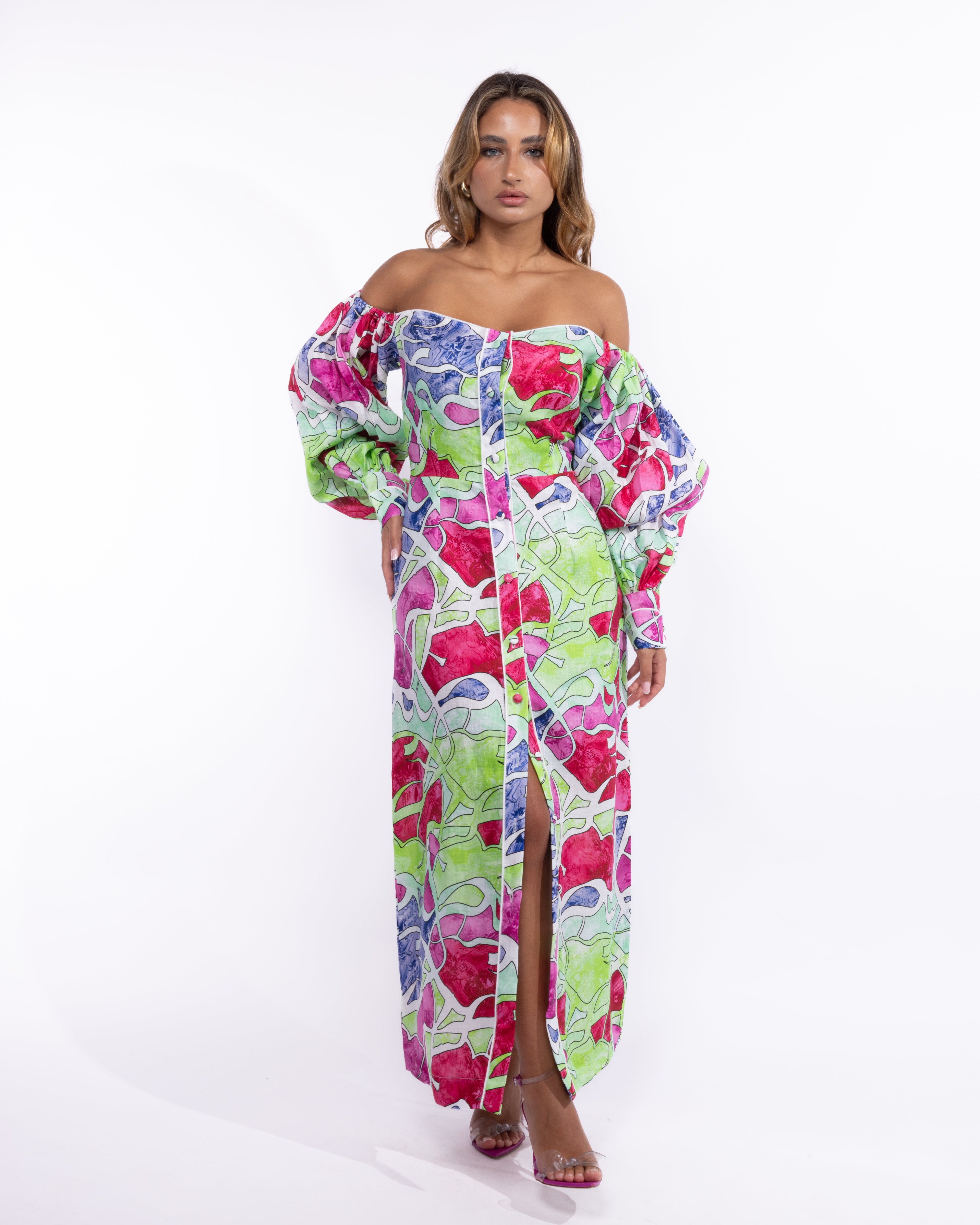 Aria Maxi Off-Shoulder Sleeves Dress in Linen- abstract