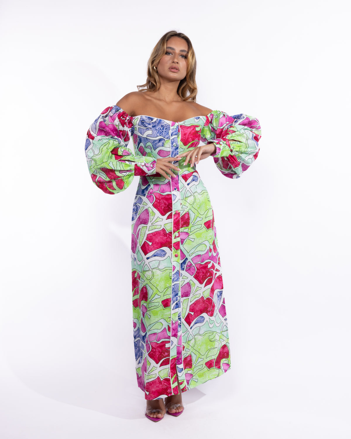 Aria Maxi Off-Shoulder Sleeves Dress in Linen- abstract Origins Studios Aria Maxi Off-Shoulder Sleeves Dress in Linen- abstract Origins Studios